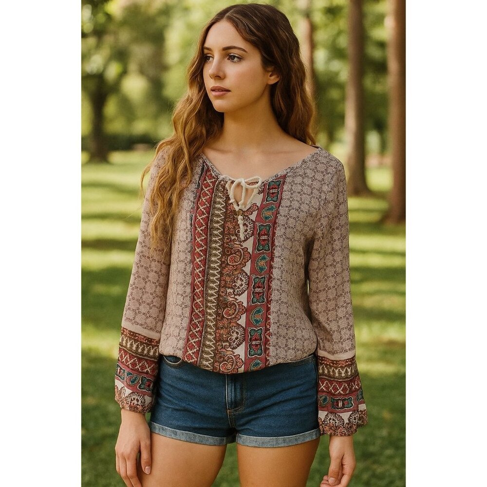 American Rag Cie SM Blouse Bohemian Beaded Top Bell Sleeves Retro Peasant Shirt